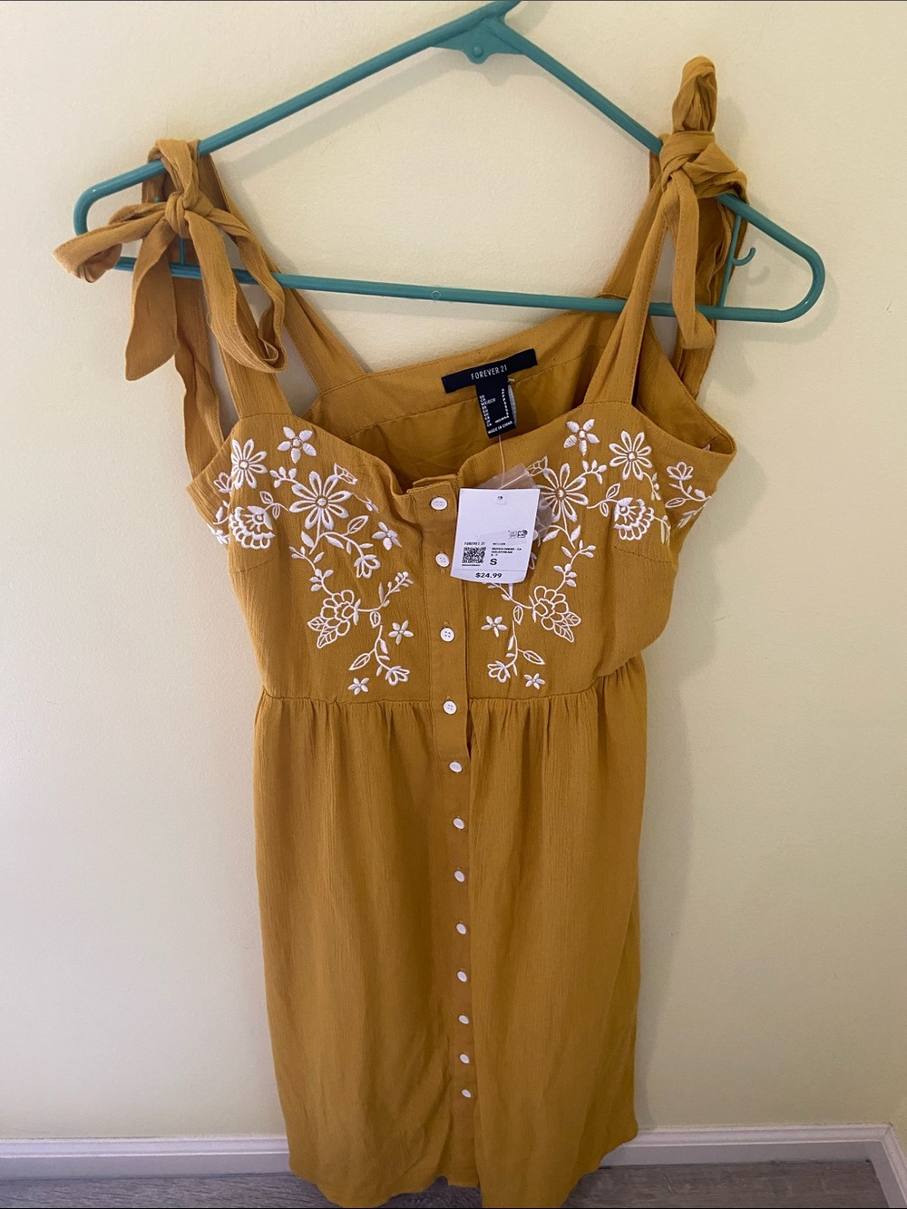 Forever 21 Mustard Yellow Embroidered Tie-Shoulder Button-Front Dress